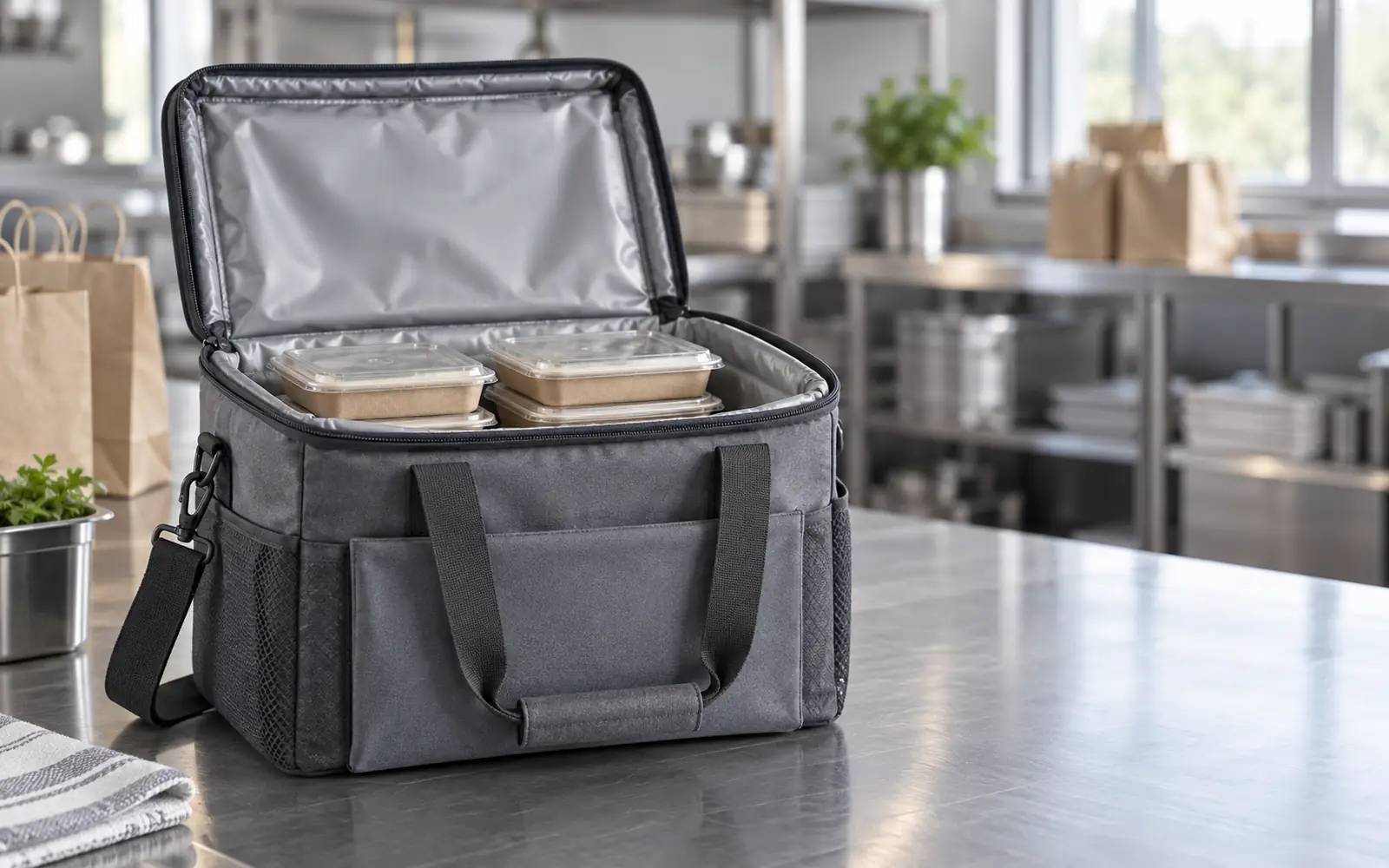 Large insulated food delivery bag with welded liner open on a stainless steel kitchen counter